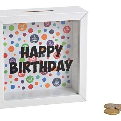 Salvadanaio Happy Birthday in legno, vetro bianco (L/A/P) 15x15x5cm