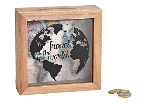 Spardose travel the world aus Holz, Glas, braun (B/H/T) 15x15x5cm