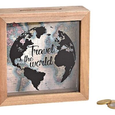 Money box travel the world made of wood, glass, brown (W / H / D) 15x15x5cm
