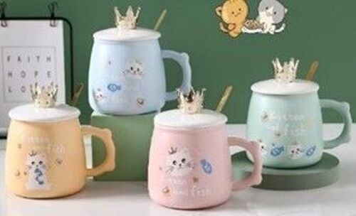 Ceramic Mug kitten and fish -  crown kitten design in 4 colours  480 ml  DF-429