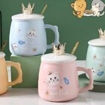 Mug en céramique chaton et poisson - design chaton couronne en 4 couleurs 480 ml DF-429