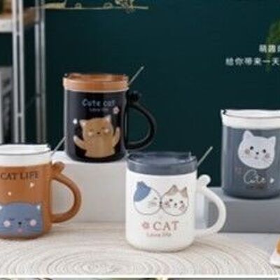 Simpatica tazza da caffè in ceramica con coperchio e cucchiaio in confezione regalo - in quattro colori - DF-430