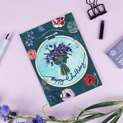 Carte postale anniversaire broderie cadre pétrole