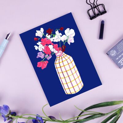 Carte postale été bouquet de pois de senteur bleu