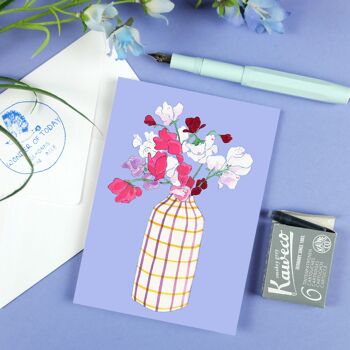 Carte postale été bouquet de pois de senteur bleu violet 4