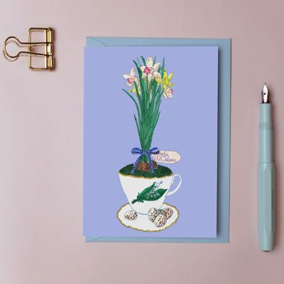 Cartolina d'auguri Pasqua fiori viola blu