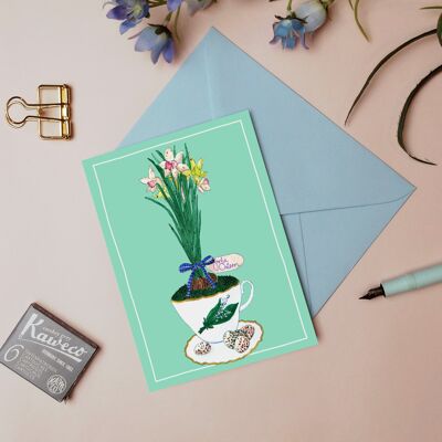 Cartolina d'auguri Pasqua fiori menta