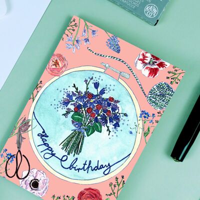 Carte de voeux anniversaire broderie cadre rose
