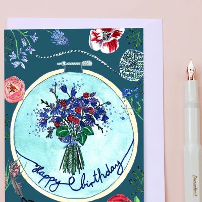 Carte de voeux anniversaire broderie cadre pétrole