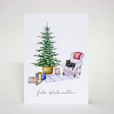 Cartolina "Merry Christmas" con gatto, biglietto di Natale con illustrazione ad acquerello, DIN A6, sostenibile