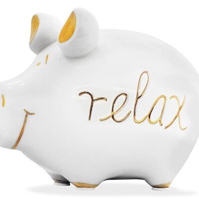 Money box KCG small pig, relax gold edition, made of ceramic (W/H/D) 12.5x9x9cm