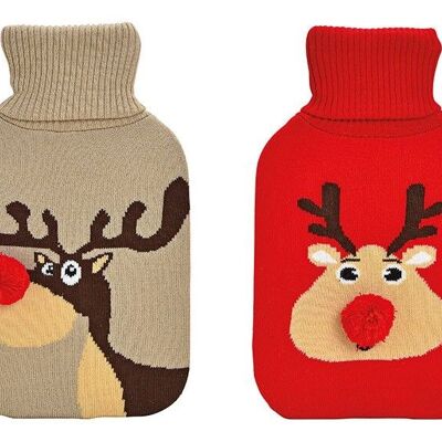 Hot water bottle reindeer knitted cover 2L made of plastic red, beige 2-fold, (W / H / D) 20x33x3cm