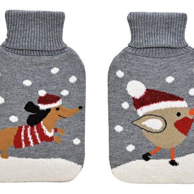 Hot water bottle Christmas dog, bird Knitted cover 2L made of plastic gray 2-fold, (W / H / D) 20x33x3cm