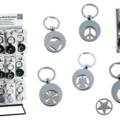 Keyring with shopping trolley chip symbol made of metal silver 5-fold, (W / H) 3x3cm, 60 pieces on display