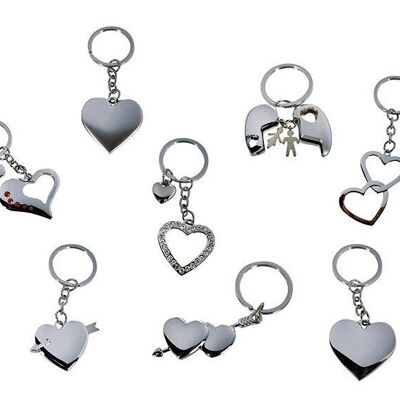 Metal heart key ring, 8 assorted, 3 cm