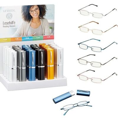 Reading aid with metal case made of colored glass 5-fold, 30 pieces in the display, metal frame, spring clip