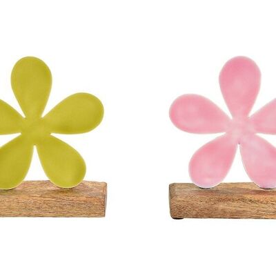 Soporte de flores de metal sobre base de madera de mango rosa / rosa, verde 2 pliegues, (An / Al / Pr) 15x17x5cm