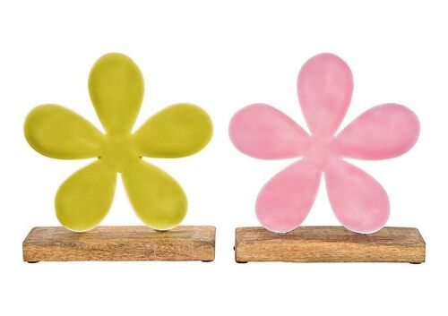 Aufsteller Blume aus Metall auf  Mangoholz Sockel  Pink/Rosa, grün 2-fach, (B/H/T) 22x20x5cm