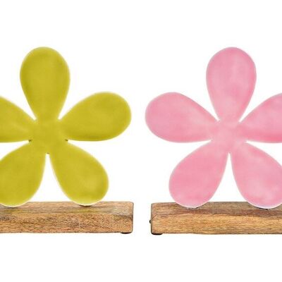 Metal flower stand on mango wood base pink / pink, green 2-fold, (W / H / D) 22x20x5cm
