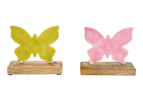 Aufstellter Schmetterling aus Metall auf  Mangoholz Sockel Pink/Rosa, grün 2-fach, (B/H/T) 16x15x5cm