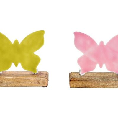Metal butterfly on mango wood base pink / pink, green 2-fold, (W / H / D) 16x15x5cm