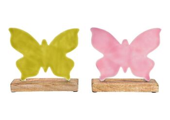 Papillon en métal sur base en bois de manguier rose / rose, vert 2 fois, (L / H / P) 20x19x5cm