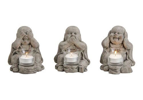 Buddha mit Glas Tealichthalter aus Ton Grau 3-fach, (B/H/T) 10x14x12cm