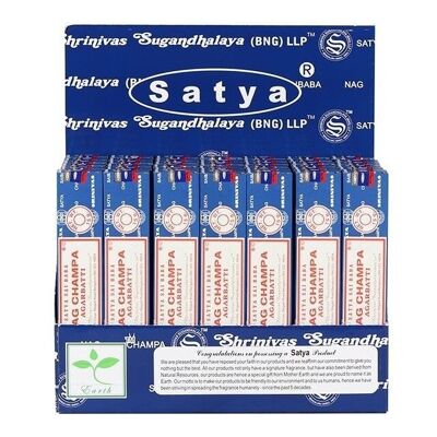 Set di 42 pacchetti di bastoncini di incenso Satya Nagchampa in esposizione