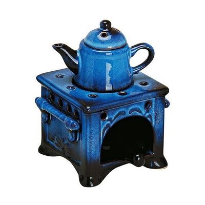 Lampe à parfum en céramique, réchaud avec pichet en bleu, L10 x P10 x H15 cm