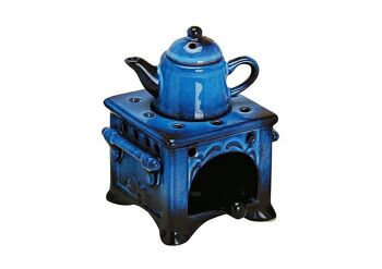 Lampe à parfum en céramique, réchaud avec pichet en bleu, L10 x P10 x H15 cm