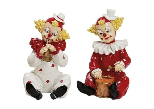 Clown sitzend mit Instrument aus Poly, sortiert, 16 cm