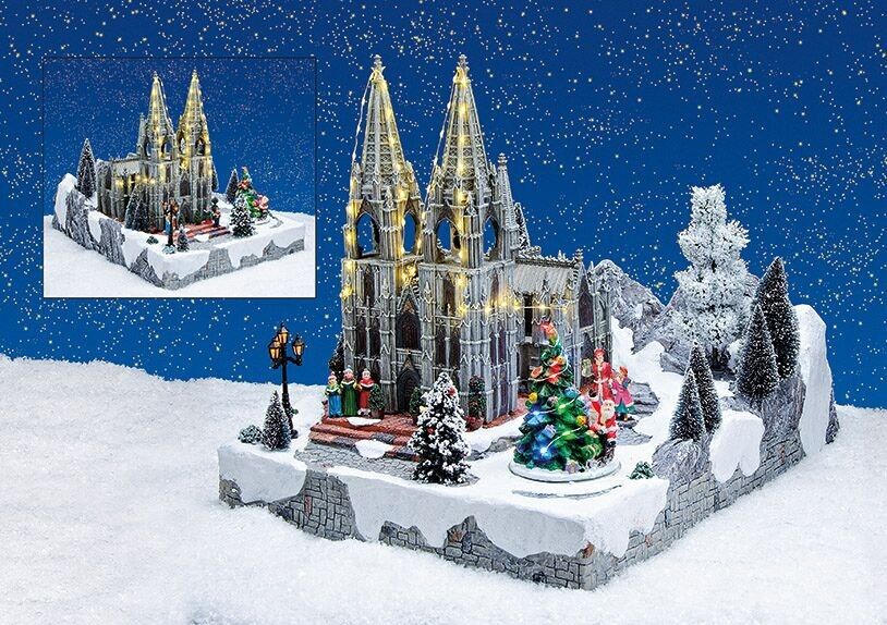 Winterszene Kölner Dom mit Licht, Musik, beweg. Glocke, Baum aus Poly Bunt (B/H/T) 38x40x52cm