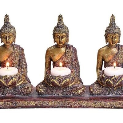 Photophore Buddha pour 3 bougies chauffe-plat en poly coloré, paillettes dorées (L / H / P) 29x17x8cm