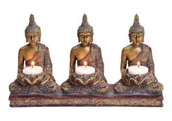 Photophore Buddha pour 3 bougies chauffe-plat en poly coloré, paillettes dorées (L / H / P) 29x17x8cm