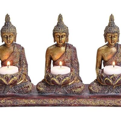 Portavelas Buddha para 3 velas de polietileno de color dorado con purpurina (An / Al / Pr) 29x17x8cm