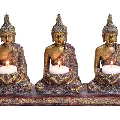 Portacandela Buddha per 3 lumini in policolore, glitter oro (L/A/P) 29x17x8cm