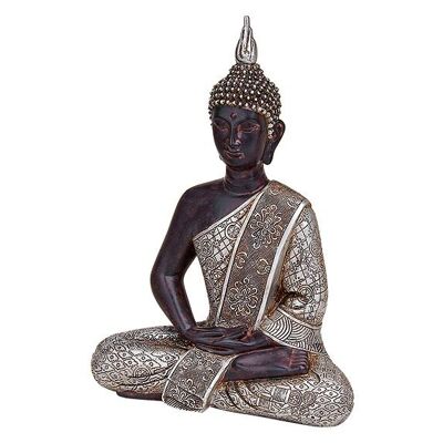 Buddha sitzend in silber aus Poly, 29 cm