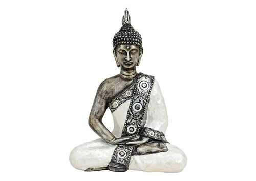 Buddha sitzend in weiß/silber aus Poly, B20 x T10 x H27 cm