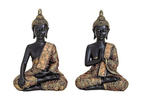 Buddha in schwarz/gold aus Poly, 2-fach sortiert, B14 x T7 x H21 cm