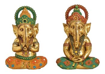 Ganesha en poly or, vert, orange 2 fois, (L / H / P) 15x22x11cm