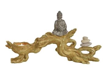 Bouddha sur tronc d'arbre en poly brun (L / H / P) 37x22x5cm