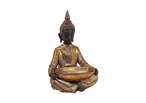 Buddha sitzend mit Schale, in gold aus Poly, B24 x T16 x H37 cm