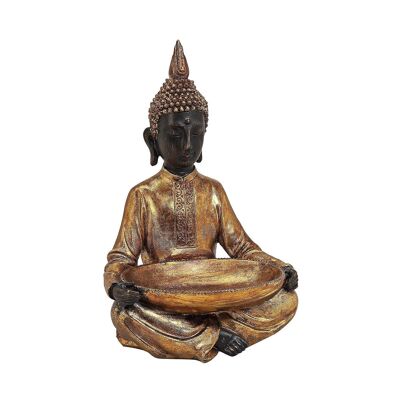 Buddha seduto con ciotola, in oro in poly, L24 x P16 x H37 cm