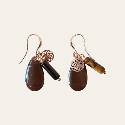 Calixta Earrings, Tiger Eye and Rose Gold Stainless Steel