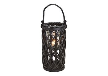Lanterne en osier avec verre de lanterne en matériau naturel noir (L / H / P) 15x31x15cm