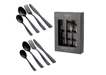 Couverts en noir, lot de 16, (L / H / P) 17x24x5cm, acier inoxydable 430, 4x couteau, fourchette, cuillère, cuillère à café