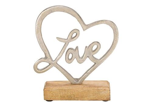 Aufsteller Herz Love aus Metall auf Mangoholz Sockel Silber (B/H/T) 15x17x5cm