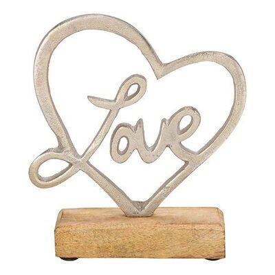 Heart love stand made of metal on a mango wood base silver (W / H / D) 15x17x5cm