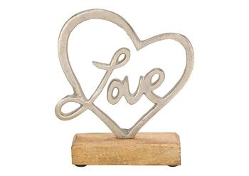 Support d'amour coeur en métal sur une base en bois de manguier argenté (L / H / P) 15x17x5cm