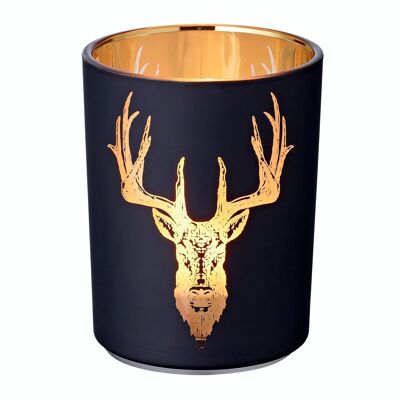 Lantern Lio (height 13 cm, ø 10 cm), matt black outside/gold inside with deer motif